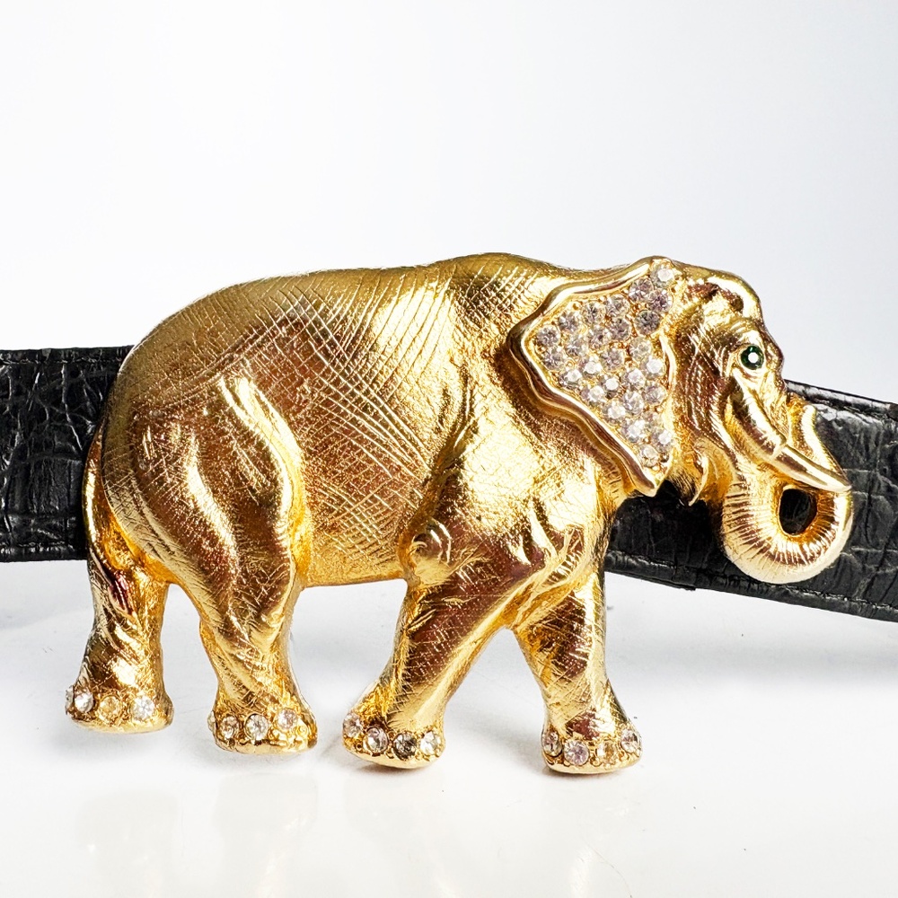 Elephant Belt Buckle with Rhinestones Vintage Retro 1980s with Croc Stamp Strap - Picture 10 of 12